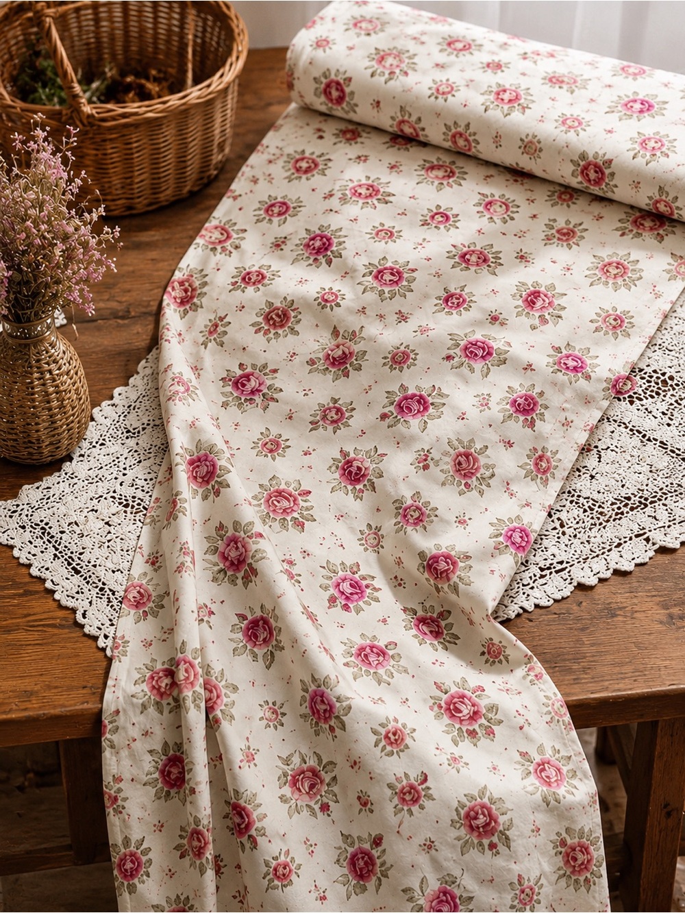 Vintage 1950s Roomaker Polished Cotton Fabric Rose-lyn Floral The Lenox Group